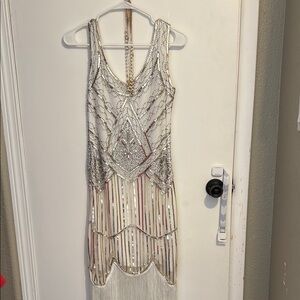 Glamorous Beaded Dress in Silver and Cream